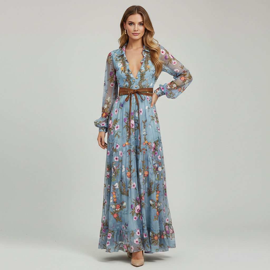 Women’s Boho Floral Maxi Dress With V-Neck