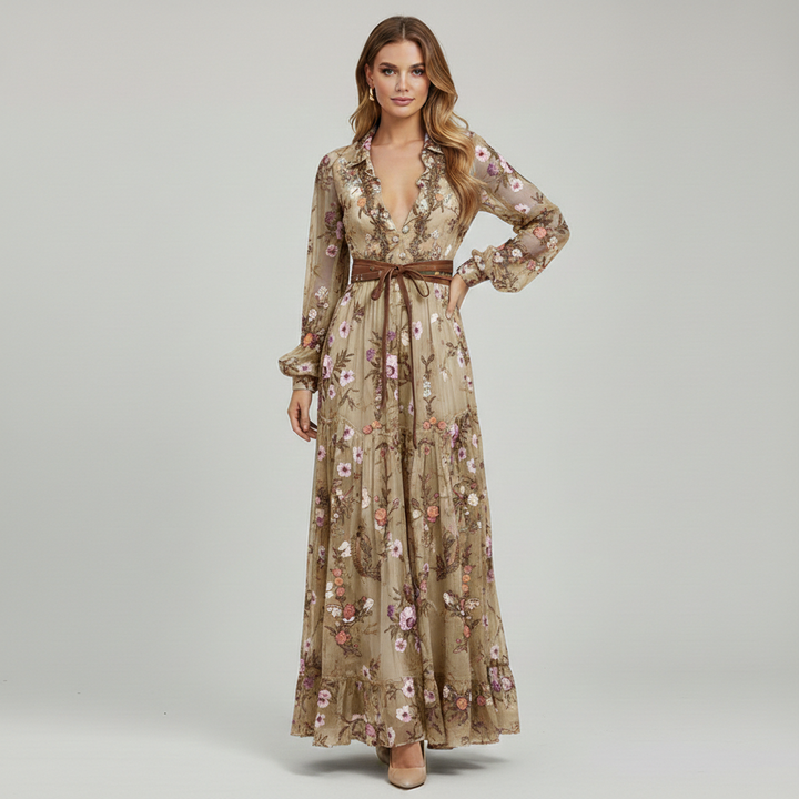 Women’s Boho Floral Maxi Dress With V-Neck