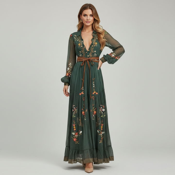Women’s Boho Floral Maxi Dress With V-Neck