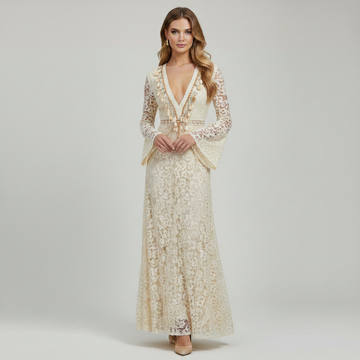Women’s Boho Lace Maxi Dress With V-Neck